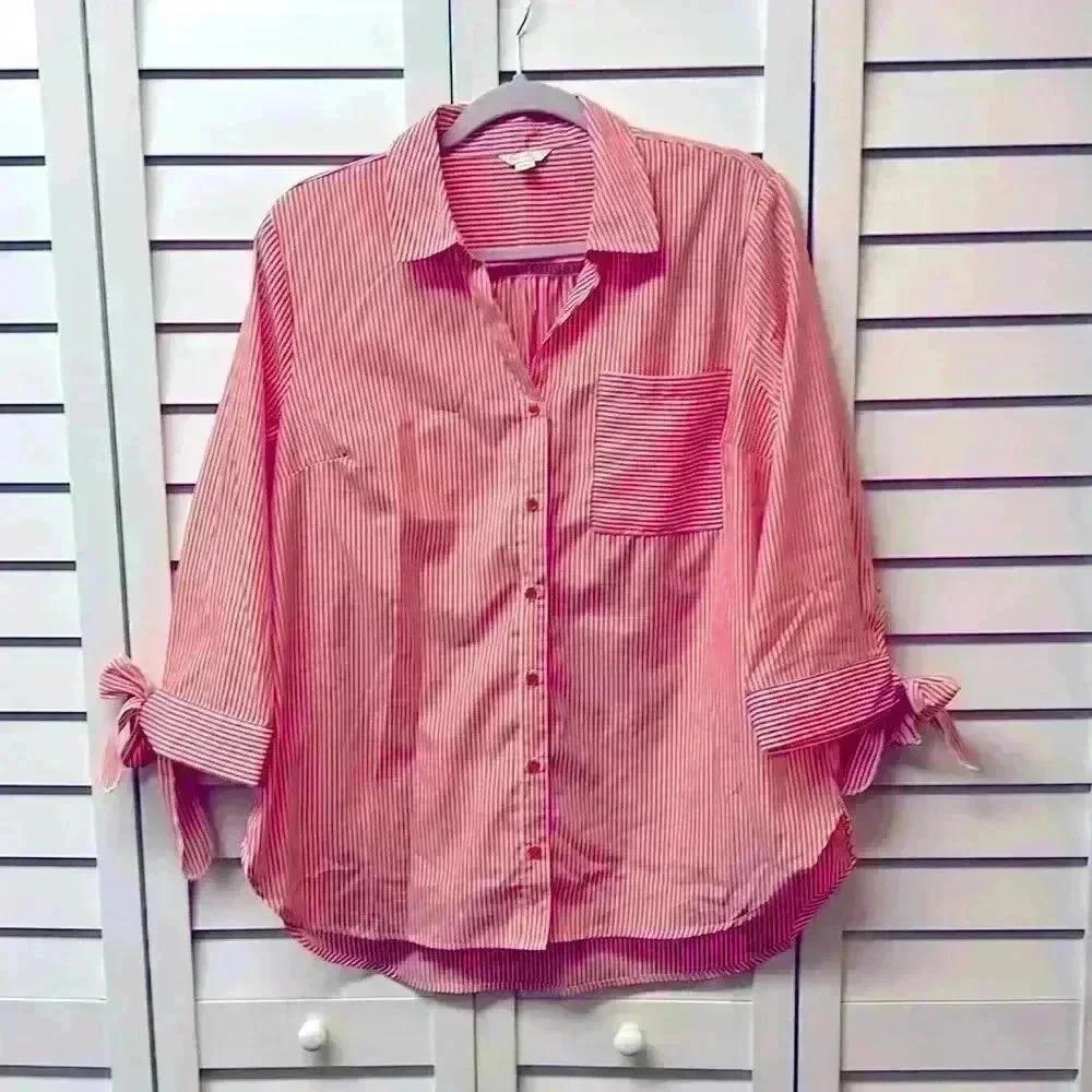 Cato Striped Button Down Tie Sleeve Top Size Large Coral & White